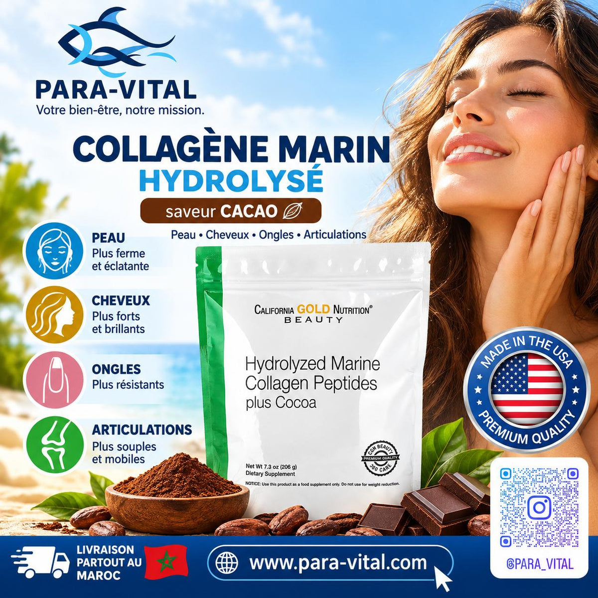 California Gold Nutrition, Peptides de collagène marin hydrolysé au cacao, 206 g