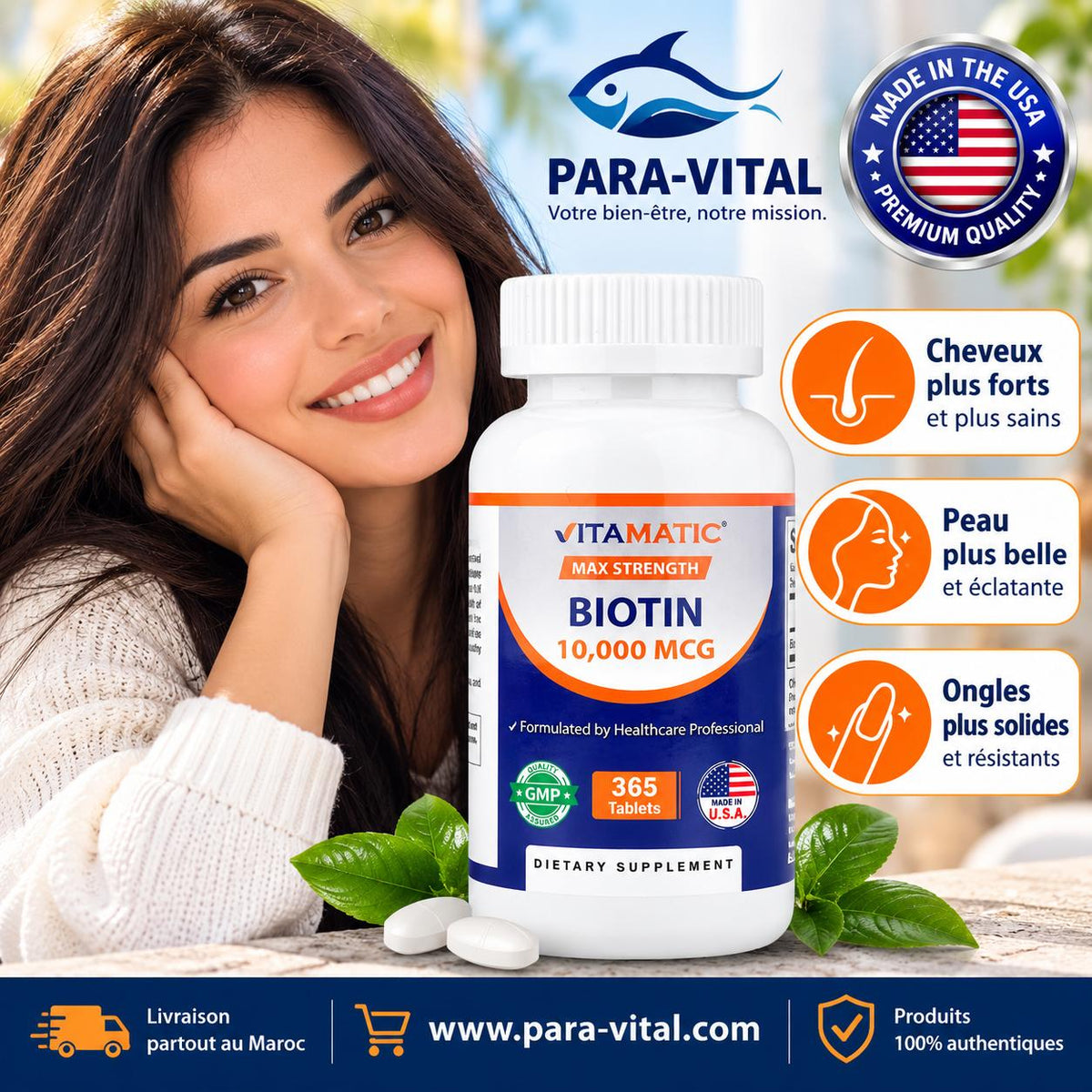 Biotine, Puissance maximale, 10 000 mcg, 365 comprimés - Vitamatic