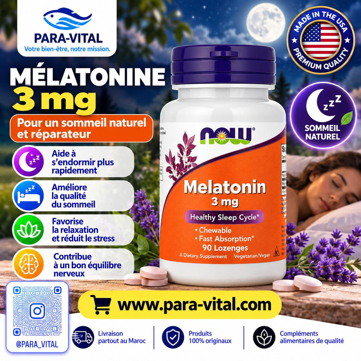 Mélatonine, 90 pastilles- NOW Foods
