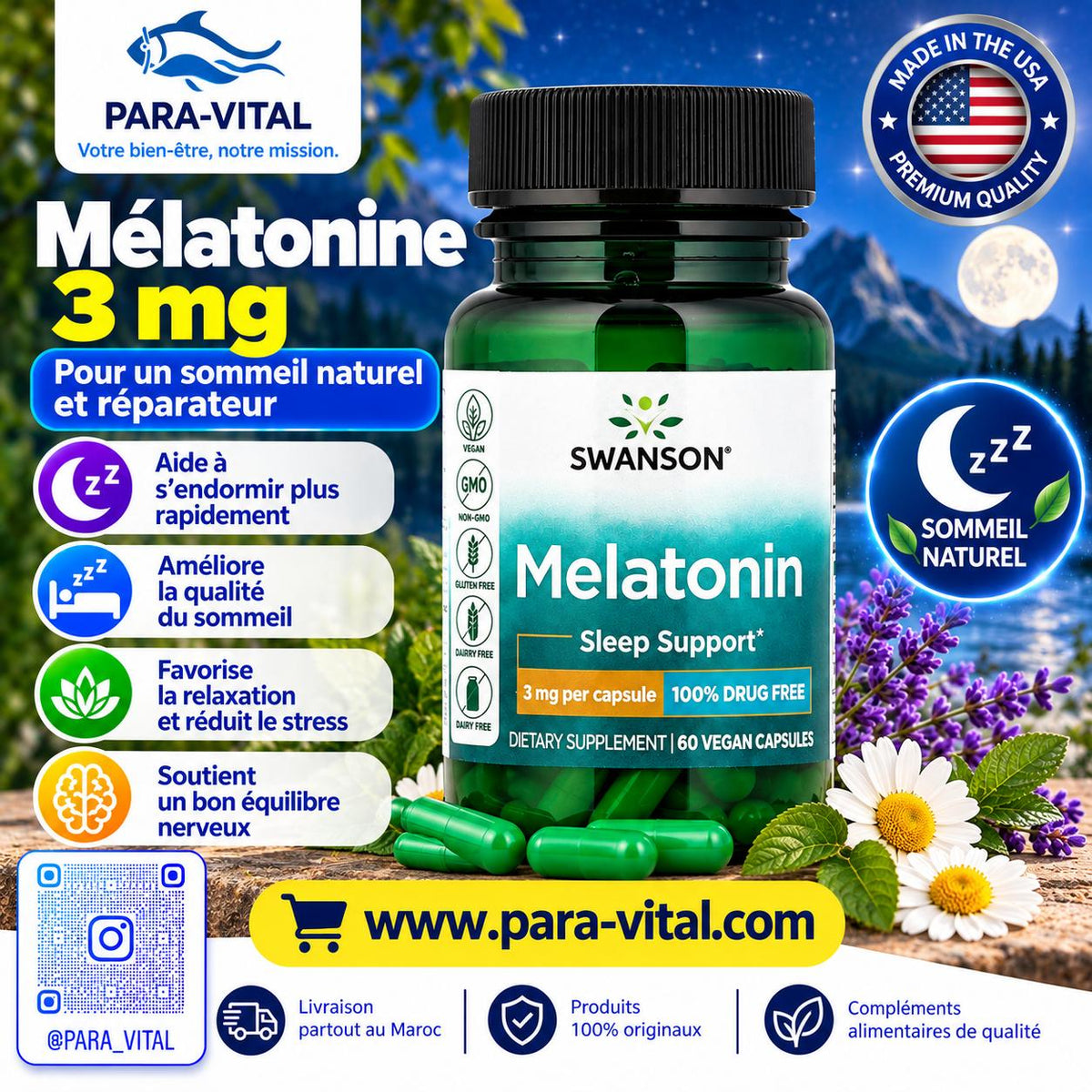 Mélatonine, 3 mg, 60 capsules vegan - wanson Vitamins -