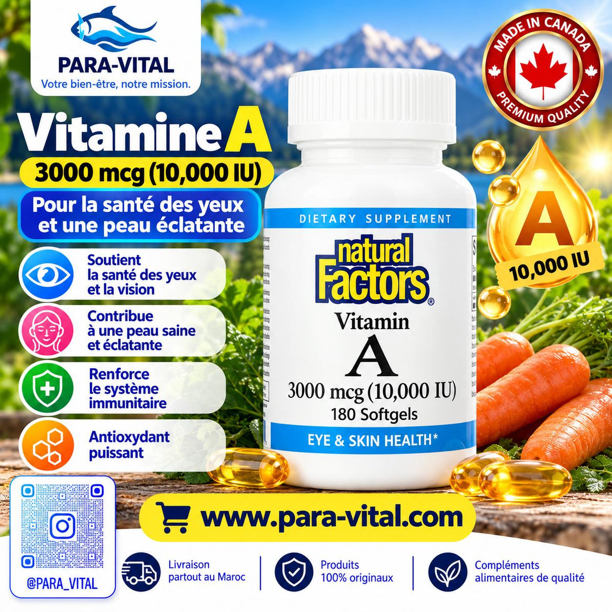 Vitamine A, 3000 mcg (10 000 UI), 180 capsules à enveloppe molle - Natural Factors -