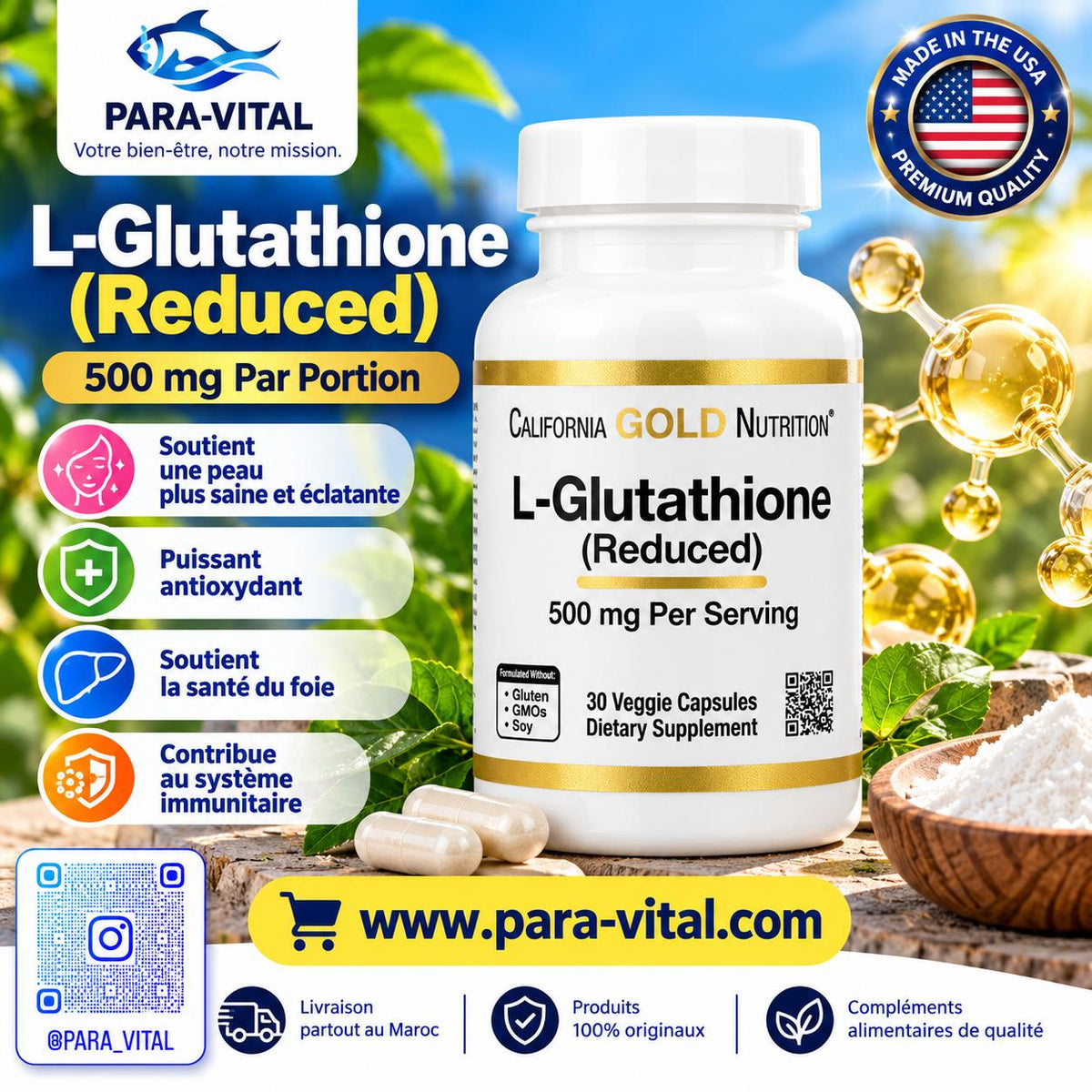 glutathion (réduit), 500 mg, 30 capsules végétales - alifornia Gold Nutrition -