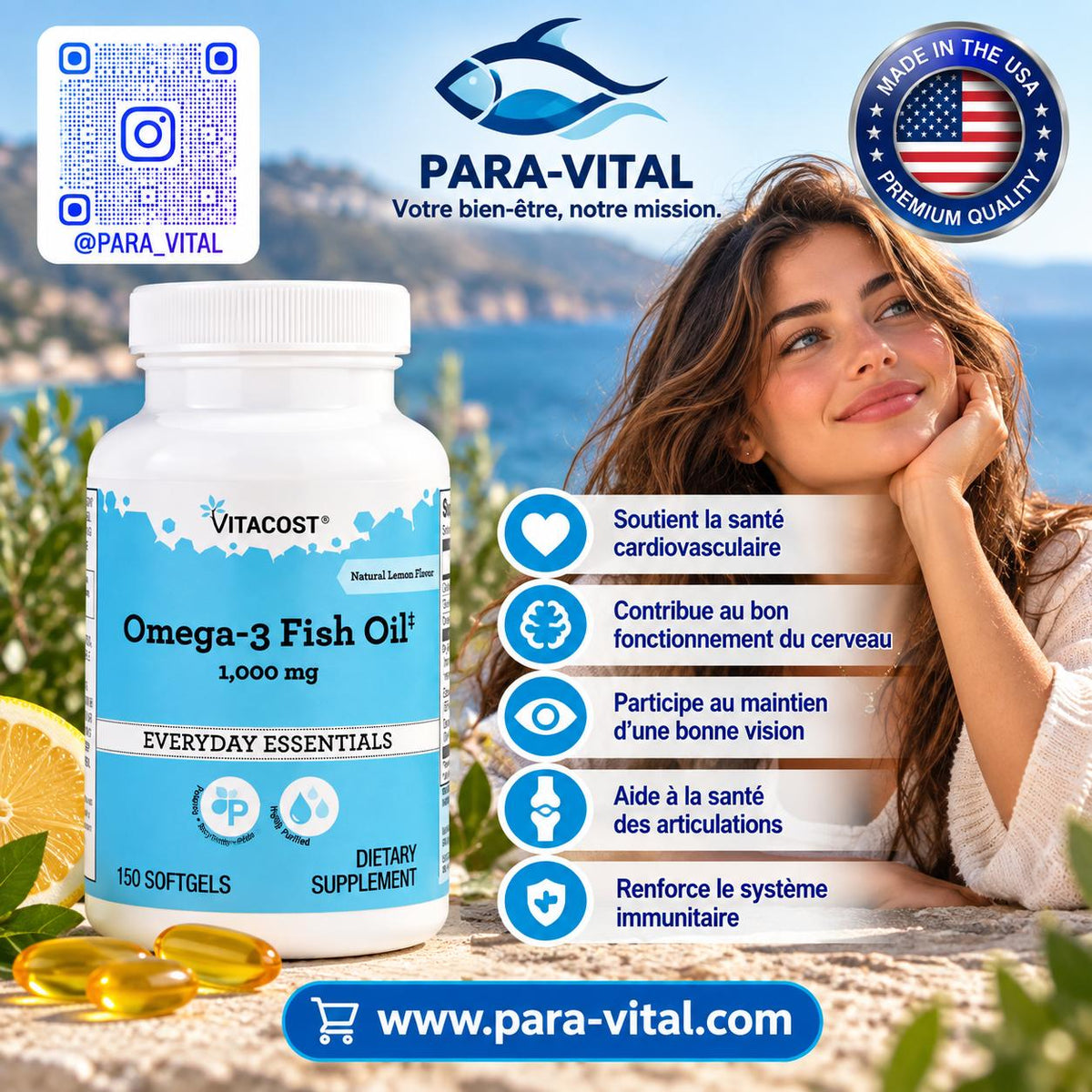 oméga-3, Arôme naturel de citron, 1000 mg, 150 capsules à enveloppe molle - Vitacost -