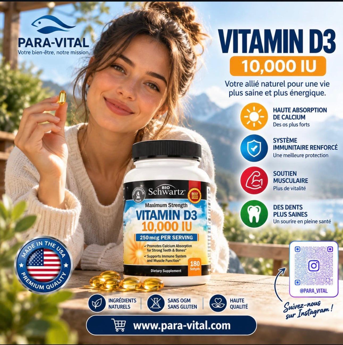 Vitamine D3 efficacité maximale, 250 µg (10 000 UI), 180 capsules à enveloppe molle - BioSchwartz -