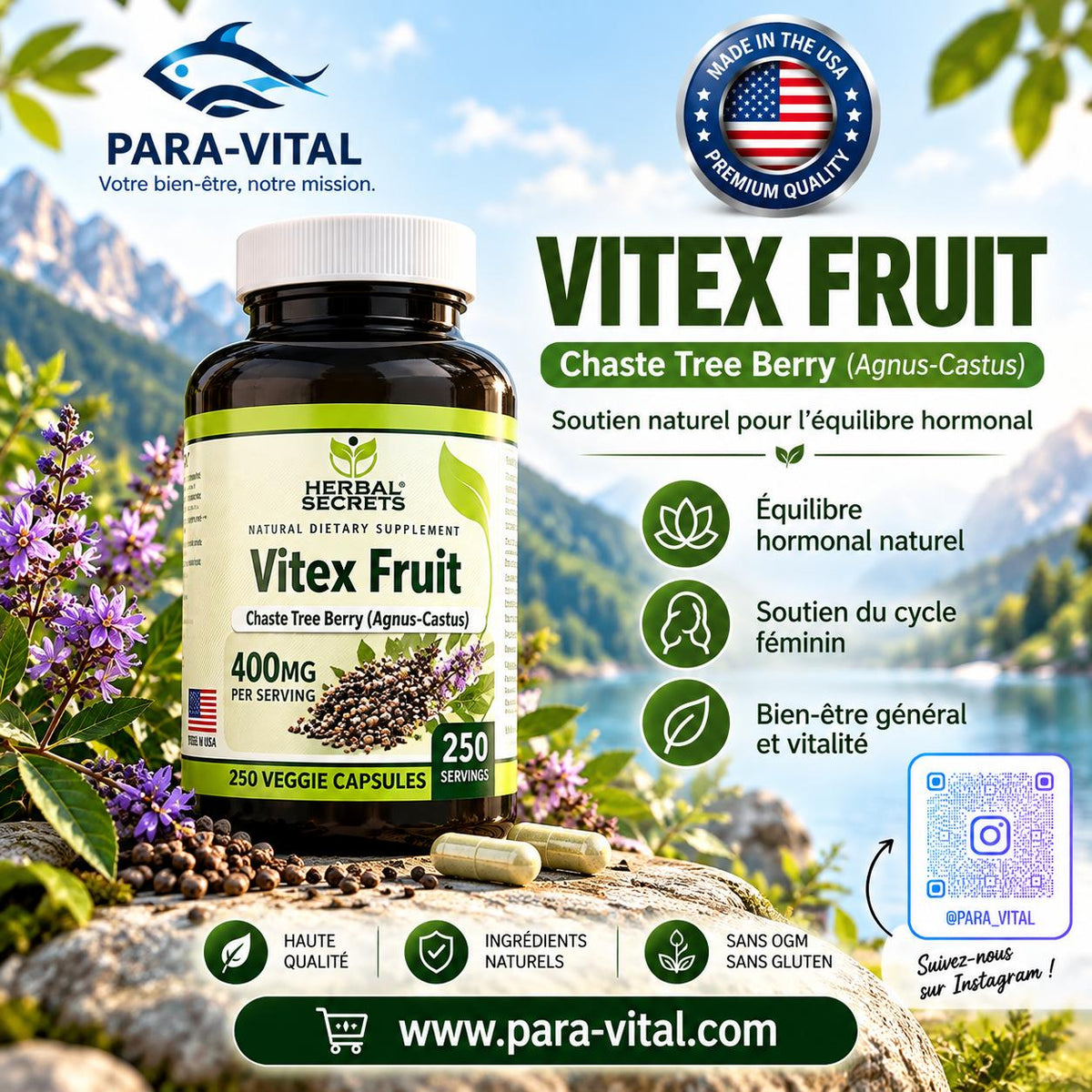 Vitex Fruit, 400 mg, 250 capsules végétariennes - Herbal Secrets -