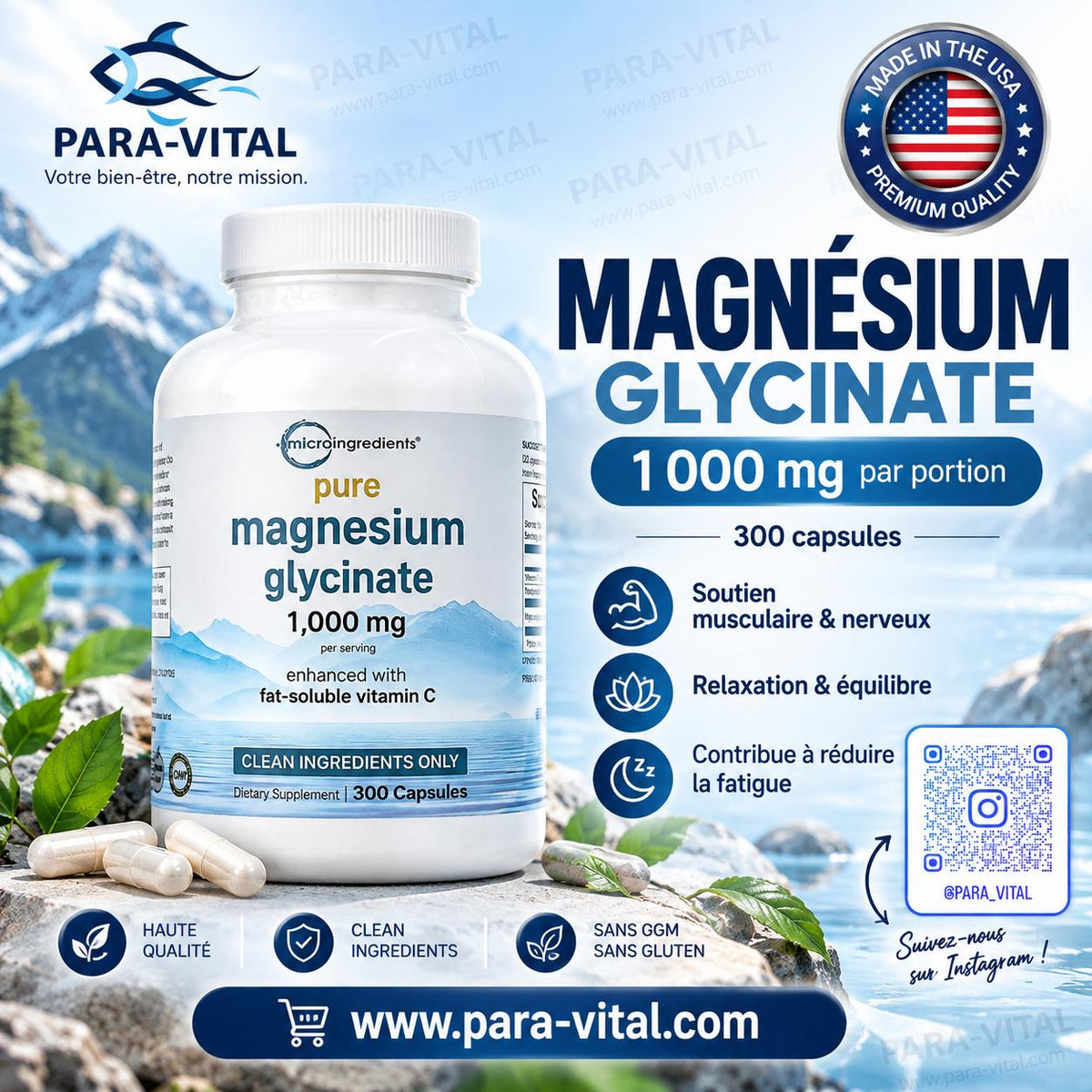magnésium Glycinate pur avec vitamine C, 300 capsules - Micro Ingredients -
