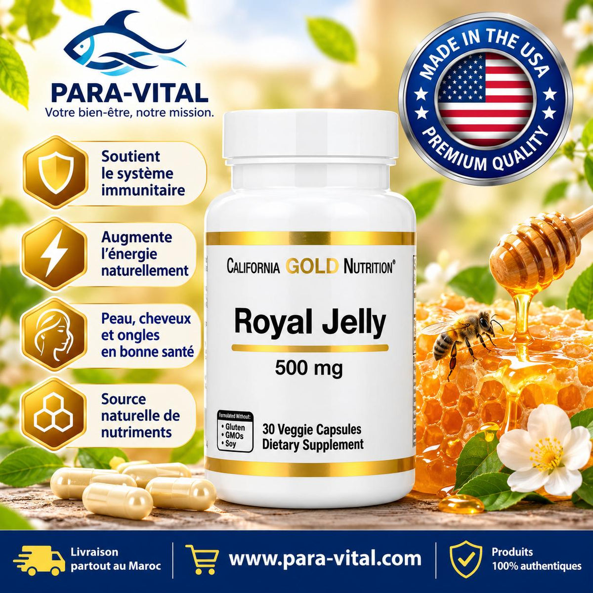 Gelée royale, 500 mg, 30 capsules végétales - California Gold Nutrition -