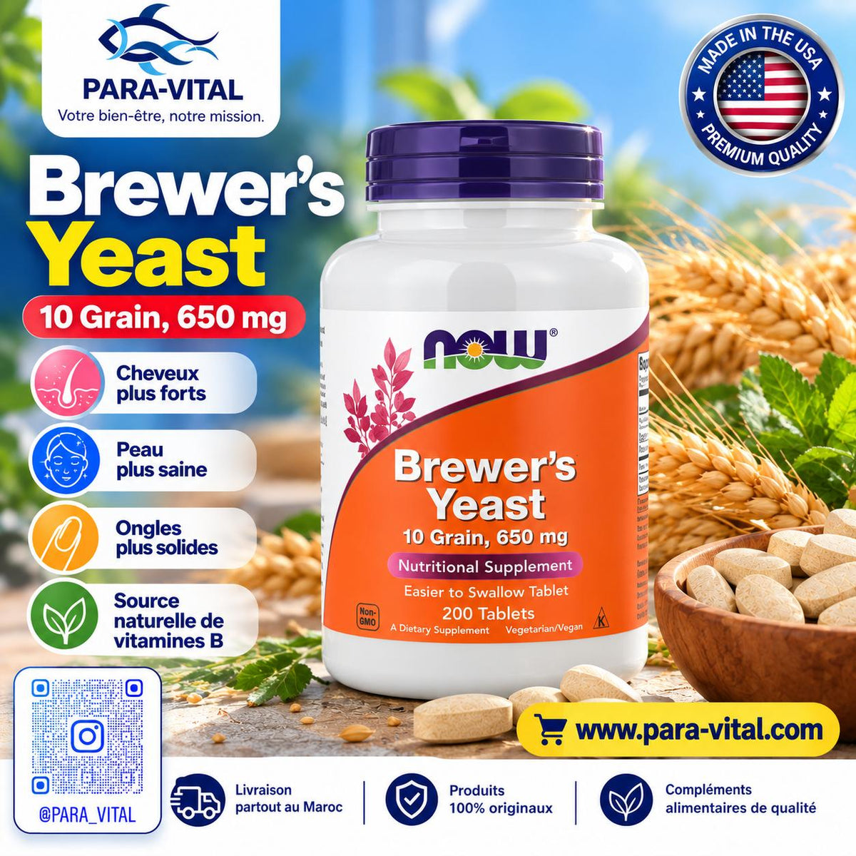 Levure de bière, 650 mg, 200 comprimés - NOW Foods -