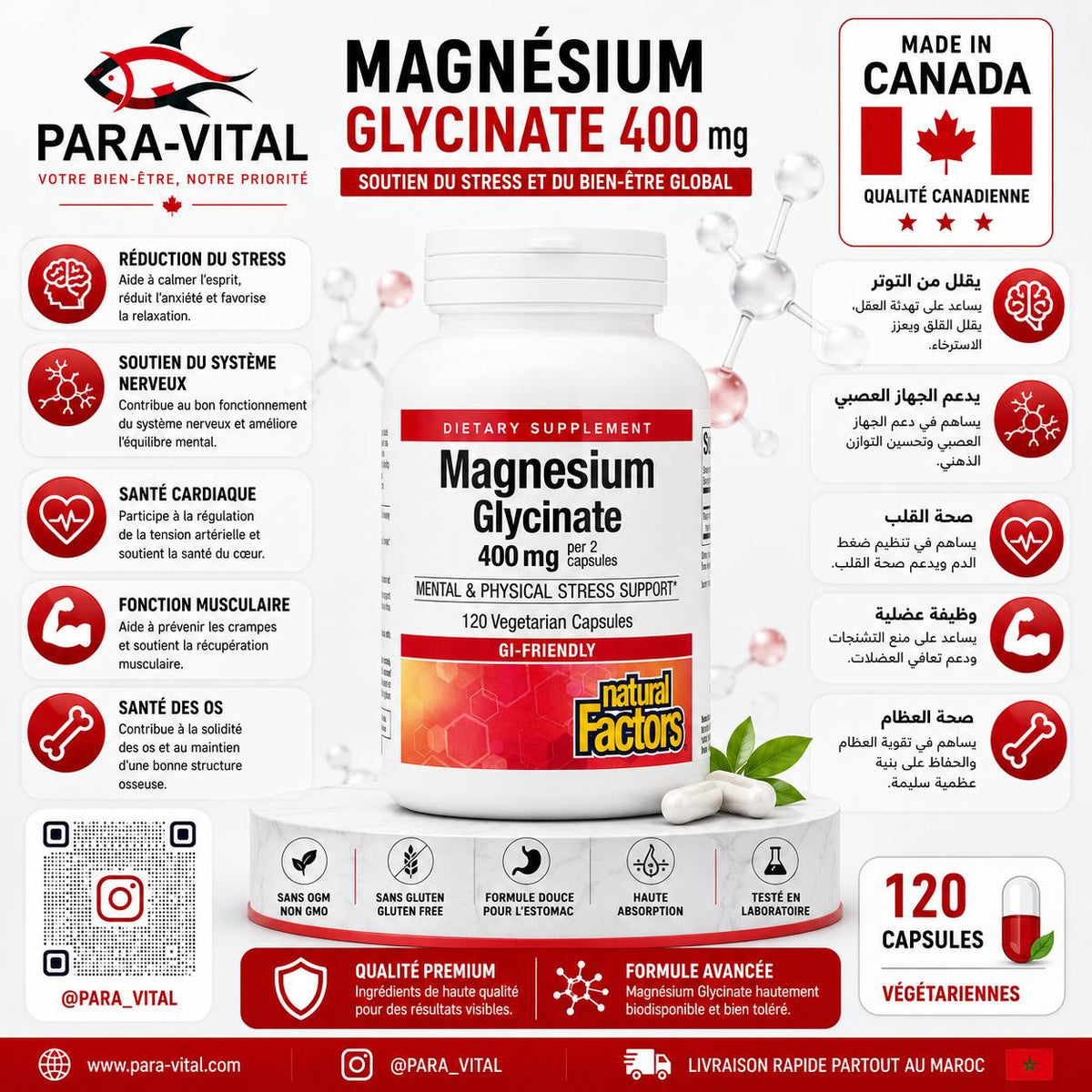 magnésium Glycinate, 200 mg, 120 capsules végétariennes - Natural Factors -