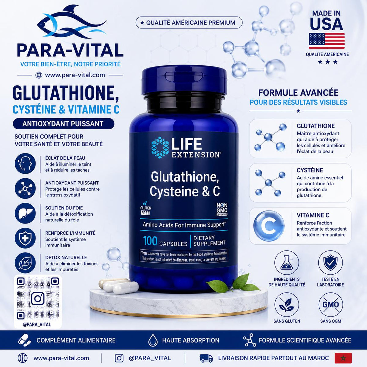 Glutathion, Cystéine & vitamine C, 100 capsules - Life Extension -