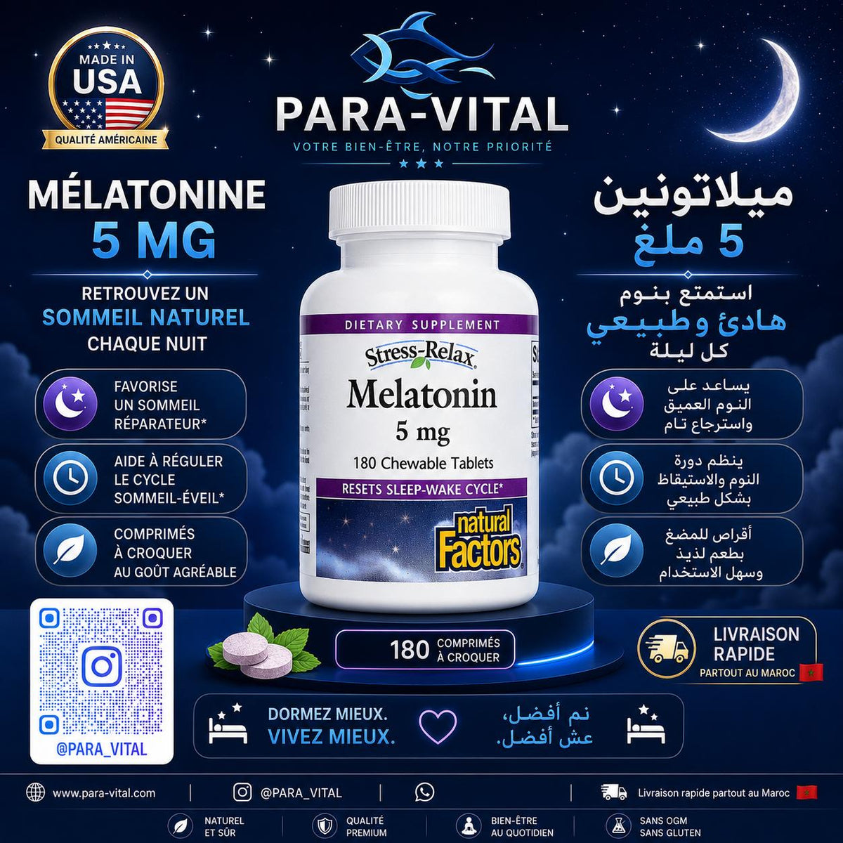 Mélatonine, 5 mg, 180 comprimés à croquer - Natural Factors -