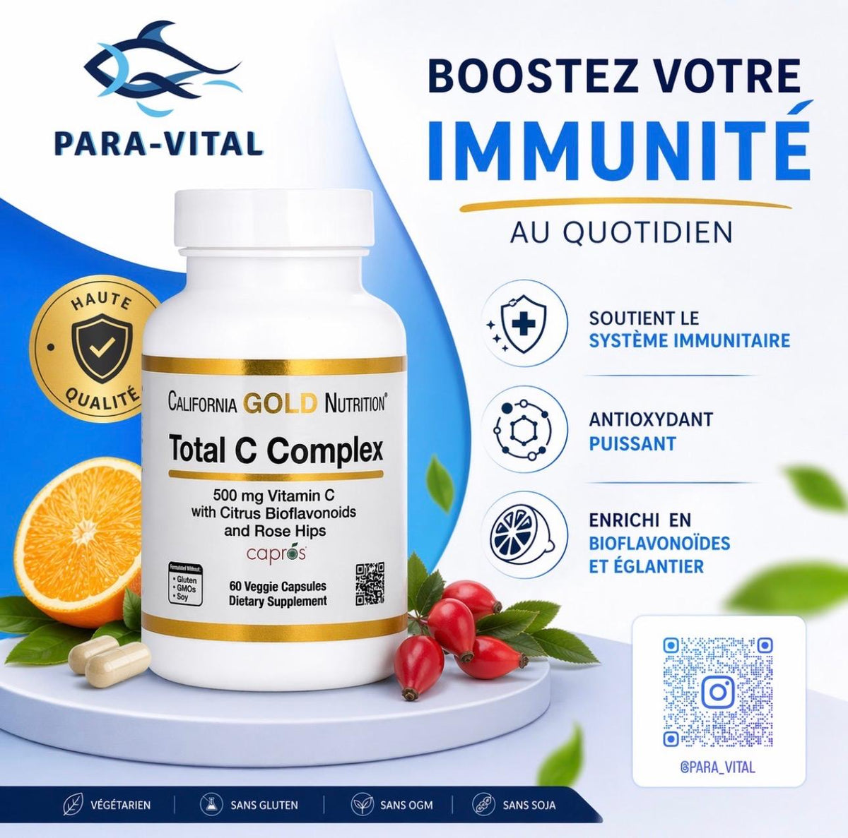 omplexe total de vitamines C avec acide ascorbique, extrait d'amla, bioflavonoïdes d'agrumes et extrait de cynorrhodon, 500 mg, 60 capsules végétales