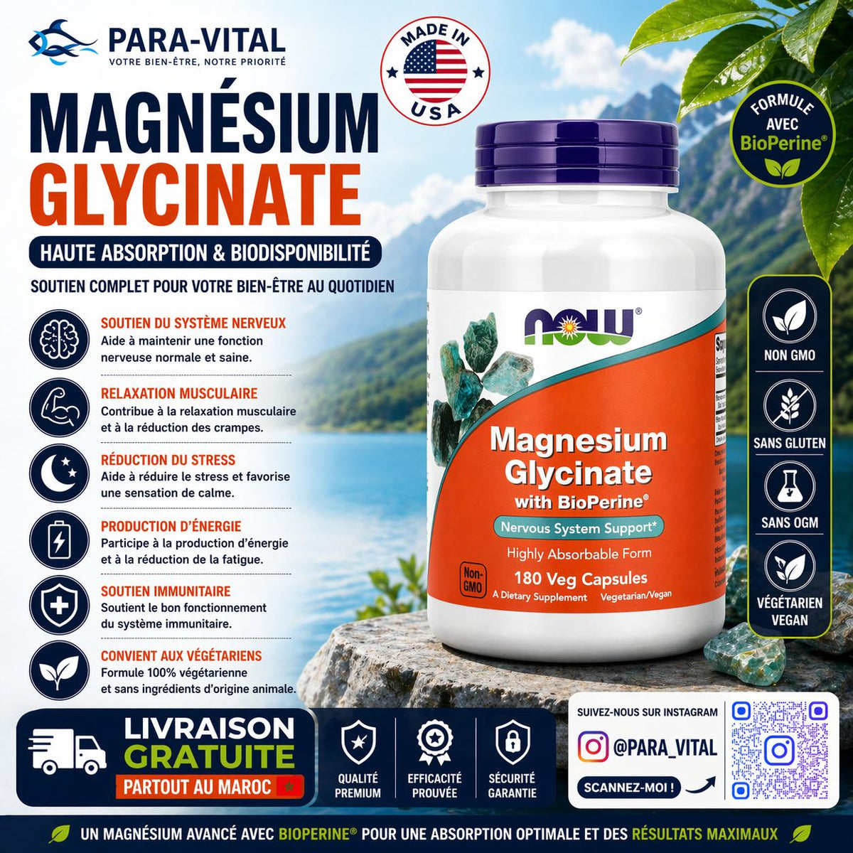 magnésium Glycinate, 180 comprimés- NOW Foods -