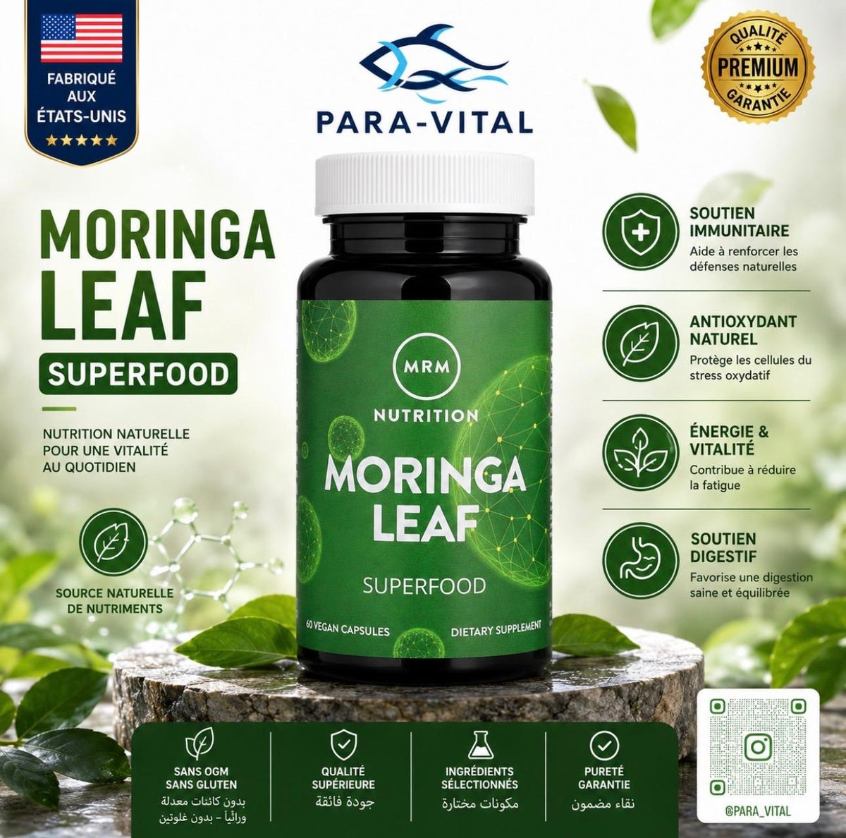 Feuille de moringa, 60 capsules véganes (600 mg pièce)