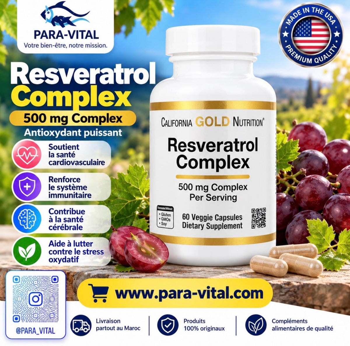 resvératrol avec extrait de pépins de raisin, extrait de vin rouge et trans-resvératrol, 60 capsules végétales