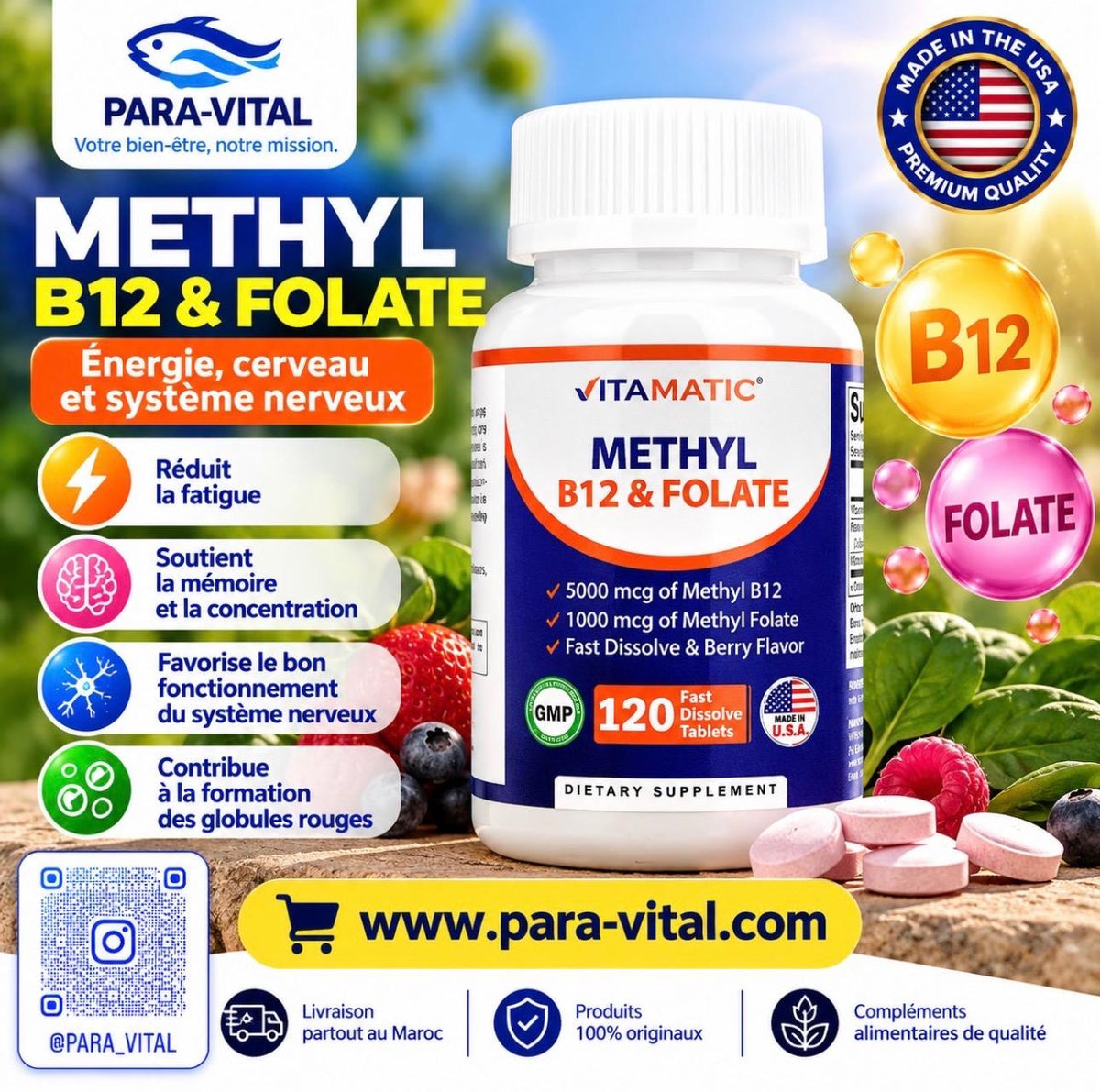 Méthyl B12 et folate, Baies, 120 comprimés à dissolution rapide - Vitamatic -
