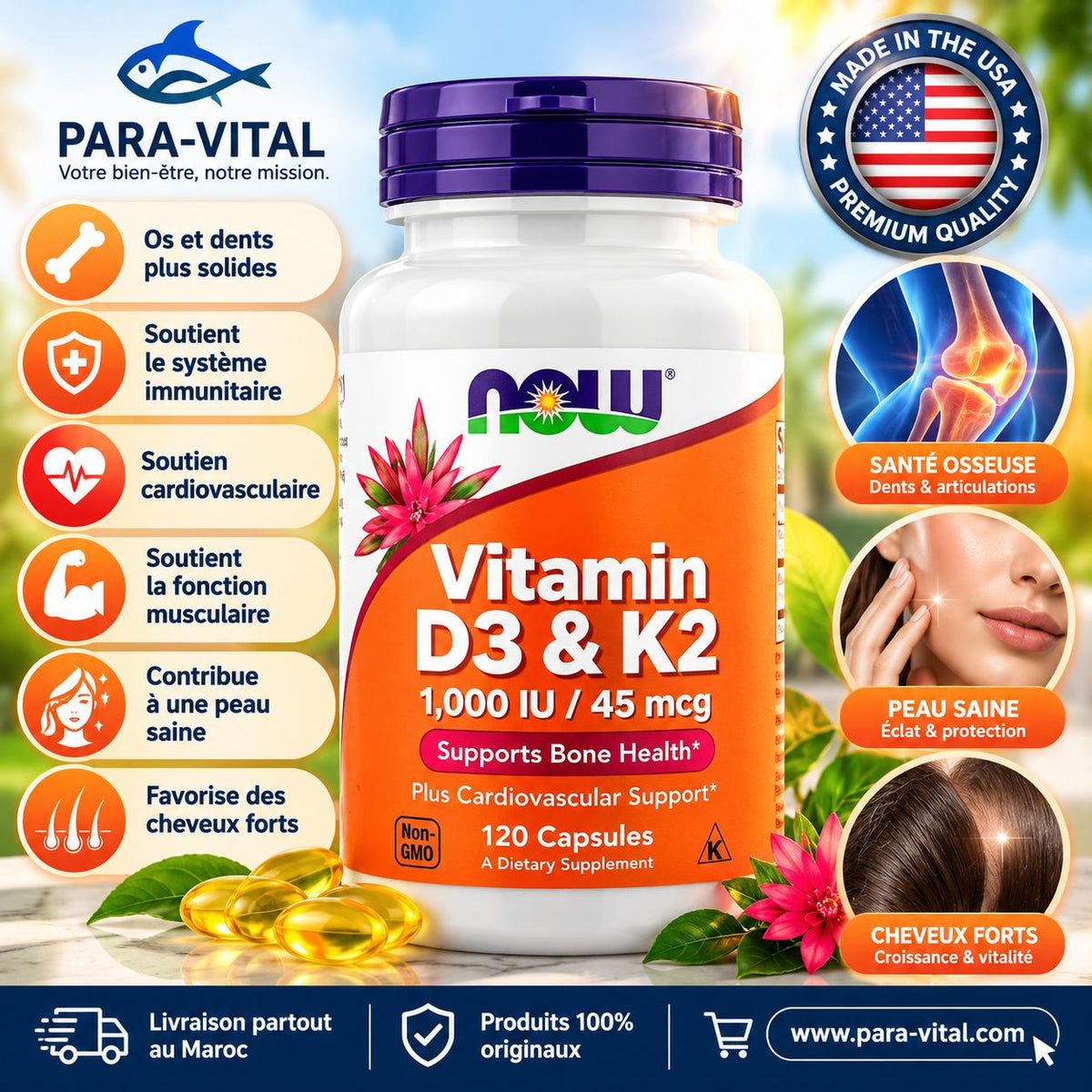 Vitamines D3 et K2, 120 capsules - NOW Foods -