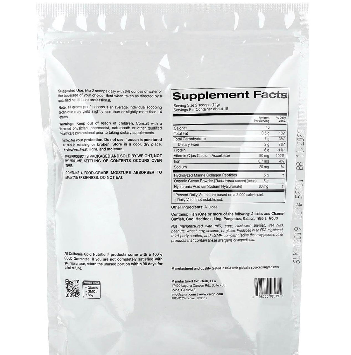California Gold Nutrition, Peptides de collagène marin hydrolysé au cacao, 206 g